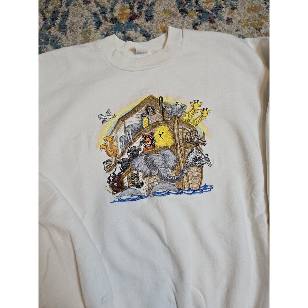 Vintage 90s Noah's Ark Multicolor Embroidered Sweatshirt USA Bible God Religious